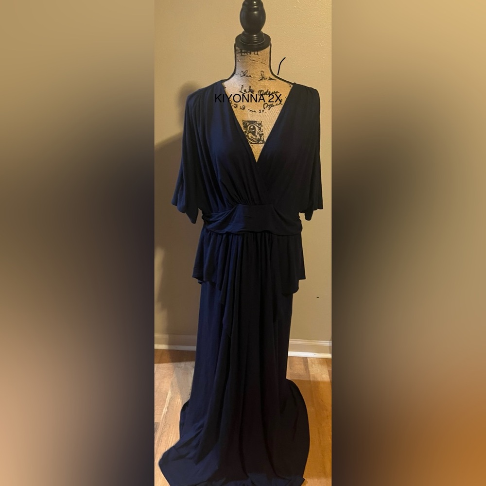 Kiyonna Blue Asymmetrical Wrap Dress with Dolman Sleeves